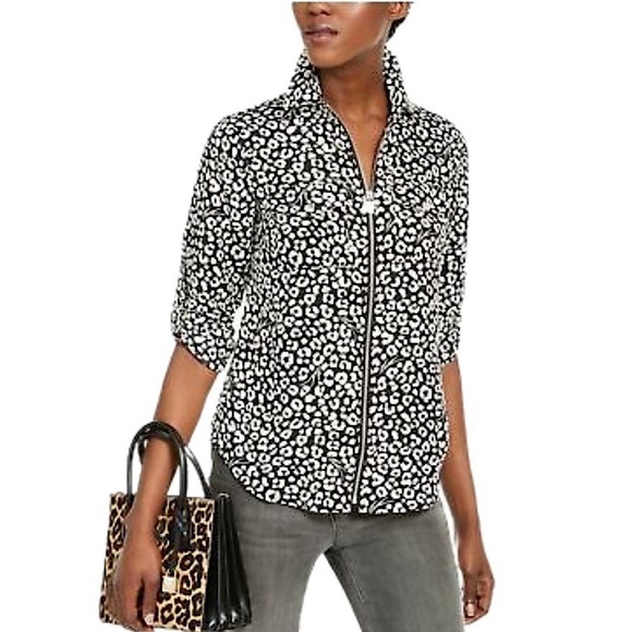 MICHAEL Michael Kors Tops - Michael Kors snow leopard, drawstring waist, zip up blouse, size large